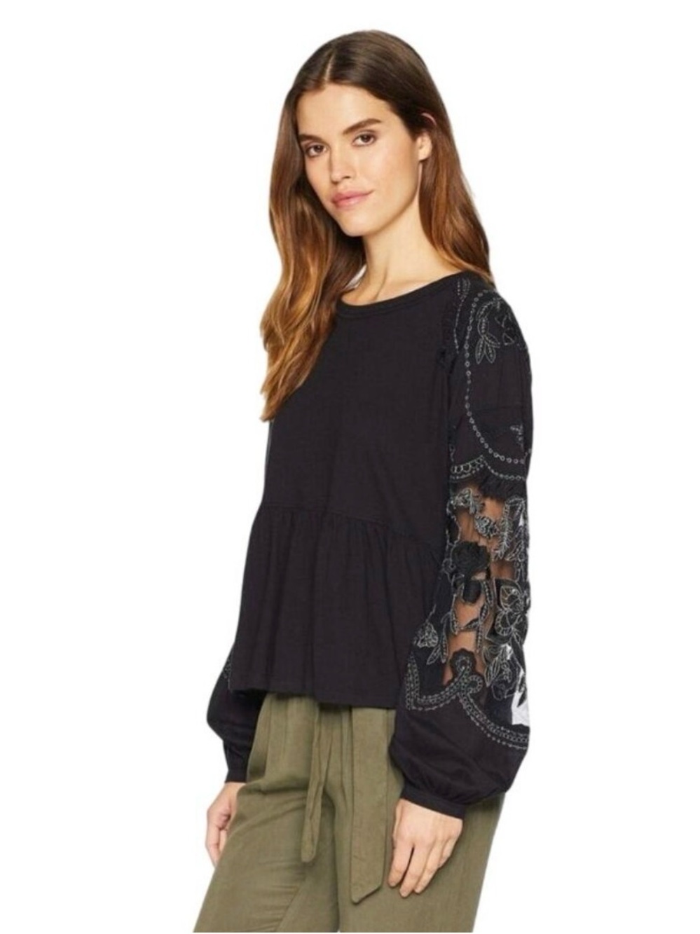 Free People Black Lace Balloon Sleeve Babydoll Top Cottage Peplum Women’s Size M
